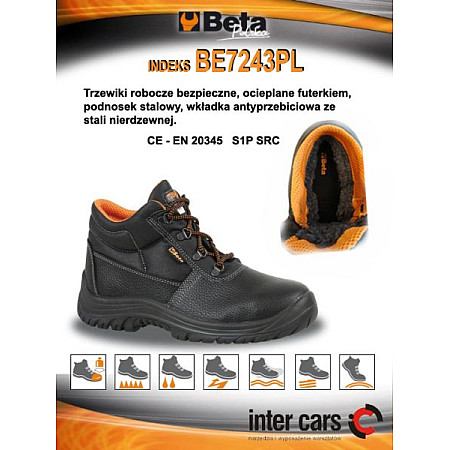 Protectia picioarelor BETA incaltaminte de protectie BASIC marime: 40 categorie de protectie: S1P SRC material: piele culoare: negru botul: otel incaltaminte cu izolatie electrica BETA BE7243PL/40